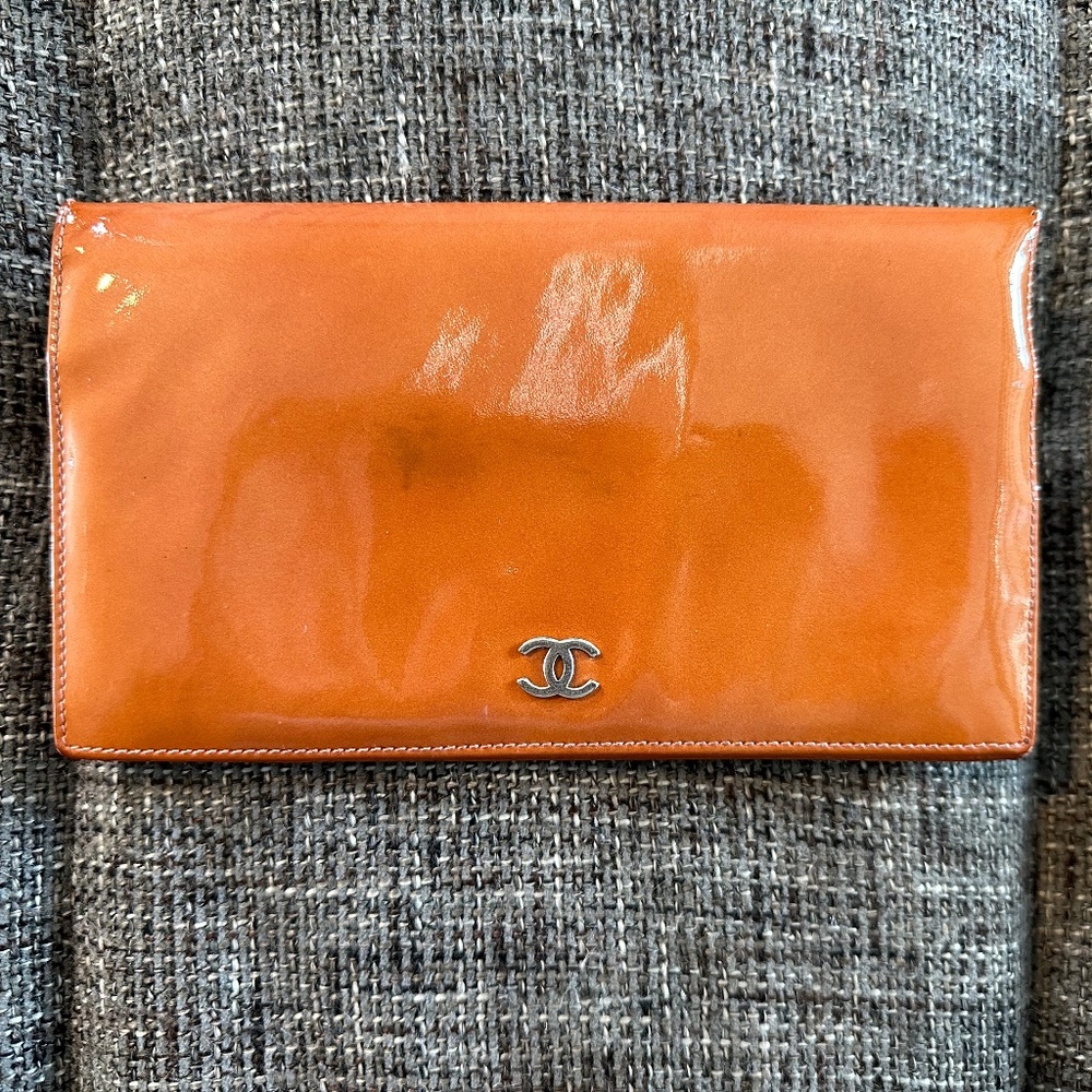 CHANEL RARE orange and pink patent leather flap wallet long